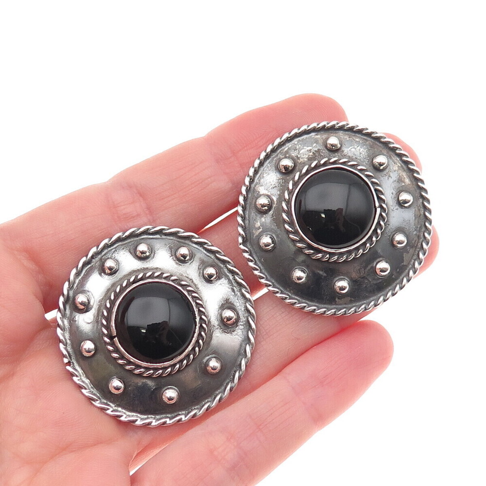 925 Sterling Silver Vintage Mexico Real Black Onyx Oxidized Clip On Earrings